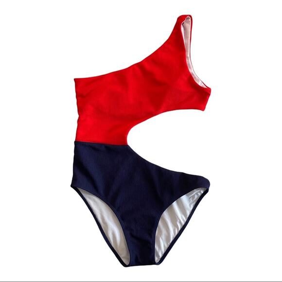 SHEIN Red Navy Colorblock One Shoulder Cut Out One Piece Swimsuit Size Large - Picture 1 of 5